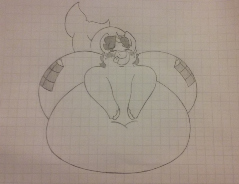 Size: 1996x1536 | Tagged: suggestive, artist:chromchill12, derpibooru import, oc, oc:rubick, unofficial characters only, pony, belly, belly bed, belly button, both cutie marks, eyes closed, fat, graph paper, huge butt, impossibly large belly, impossibly large butt, large butt, male, monochrome, morbidly obese, obese, pencil drawing, solo, solo male, stretched cutie mark, tongue out, traditional art, whale tail, whalepony