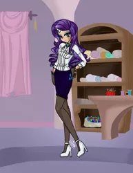 Size: 638x825 | Tagged: safe, artist:neferity, derpibooru import, rarity, human, unicorn, carousel boutique, clothes, eyeshadow, fabric, female, gloves, hand on hip, high heels, horned humanization, humanized, makeup, miniskirt, pantyhose, shoes, skirt, solo