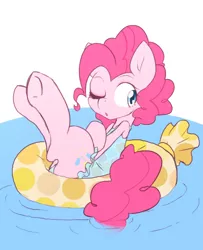 Size: 1266x1561 | Tagged: safe, artist:akainu_pony, derpibooru import, pinkie pie, earth pony, pony, clothes, female, inflatable, inflatable toy, inner tube, one eye closed, pool toy, solo, swimming pool, swimsuit, underhoof, water