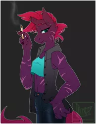 Size: 1400x1800 | Tagged: safe, artist:pastel-pony-pictures, deleted from derpibooru, derpibooru import, tempest shadow, anthro, unicorn, my little pony: the movie, broken horn, cigar, cigarette, clothes, ear piercing, earring, eye scar, eyebrow piercing, female, jewelry, looking at you, muscles, pants, piercing, scar, smoking, solo, temple shadow, vest