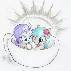 Size: 699x700 | Tagged: safe, artist:t72b, derpibooru import, coco pommel, rarity, earth pony, pony, unicorn, cup, cup of pony, empathy cocoa, female, flower, flower in hair, halo, happy, hug, mare, marshmallow coco, micro, pun, rarity is a marshmallow, squishy cheeks, teacup, traditional art, visual pun