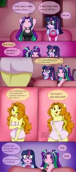 Size: 1024x2313 | Tagged: suggestive, artist:queentigrel, derpibooru import, adagio dazzle, aria blaze, sci-twi, twilight sparkle, equestria girls, rainbow rocks, arm behind head, armpits, bedroom eyes, belly button, blushing, breasts, casual nudity, comic, couch, dialogue, glasses, imminent nudity, implied lesbian, naked towel, nudity, one eye closed, ponytail, sexy, sitting, soul eater, speech bubble, towel, wardrobe malfunction, wink