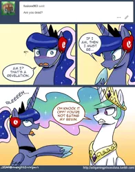 Size: 700x891 | Tagged: safe, artist:johnjoseco, derpibooru import, princess celestia, princess luna, alicorn, pony, undead, zombie, zombie pony, ask gaming princess luna, gamer luna, ask, comic, crown, dialogue, female, jewelry, mare, necklace, regalia, royal sisters, speech bubble, tumblr