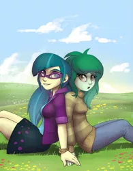 Size: 2851x3656 | Tagged: safe, artist:gabbslines, derpibooru import, juniper montage, wallflower blush, equestria girls, equestria girls series, forgotten friendship, movie magic, spoiler:eqg specials, blushing, clothes, cloud, fanfic art, female, freckles, glasses, grass, juniblush, legs, lesbian, pigtails, shipping, sitting, skirt, sky, smiling