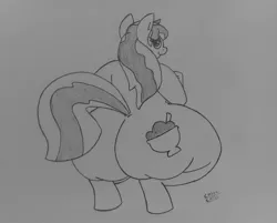 Size: 3050x2448 | Tagged: anthro, artist:chromchill12, derpibooru import, fat, fat fetish, female, fetish, high res, large butt, looking back, monochrome, obese, oc, oc:hot fudge, pencil drawing, raised tail, rear view, signature, simple background, solo, solo female, suggestive, tail, traditional art, unguligrade anthro, unofficial characters only