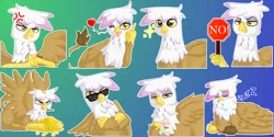 Size: 1280x640 | Tagged: safe, artist:flash_draw, derpibooru import, gilda, gryphon, abstract background, bits, cracking knuckles, female, floating heart, heart, hissing, middle finger, mug, no, one eye closed, solo, spread wings, sunglasses, telegram sticker, vein bulge, vulgar, wings, wink, zzz