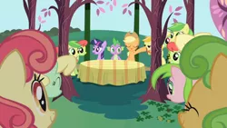 Size: 1280x720 | Tagged: safe, derpibooru import, screencap, apple bumpkin, apple fritter, apple honey, apple munchies, apple tarty, applejack, jonagold, marmalade jalapeno popette, peachy sweet, perfect pie, red gala, spike, twilight sparkle, dragon, earth pony, pony, unicorn, friendship is magic, apple family, apple family member, background pony, female, mare, unicorn twilight