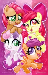 Size: 647x1000 | Tagged: safe, artist:sophillia, derpibooru import, apple bloom, babs seed, scootaloo, sweetie belle, earth pony, pegasus, pony, unicorn, adorababs, adorabloom, bow, cute, cutealoo, cutie mark crusaders, diasweetes, female, filly, looking at you, one eye closed