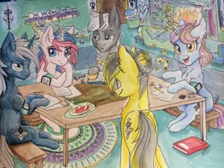 Size: 1024x768 | Tagged: safe, artist:tillie-tmb, derpibooru import, oc, oc:alistor, oc:bright light, oc:misty spirit, oc:silver shine, oc:tempest, unofficial characters only, pony, unicorn, book, female, fireplace, male, mare, stallion, table, traditional art