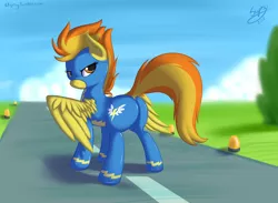 Size: 2500x1833 | Tagged: safe, alternate version, artist:skipsy, derpibooru import, spitfire, pegasus, pony, clothes, dock, eyelashes, female, lidded eyes, looking back, outfit, plot, rear view, solo, spread wings, suit, the ass was fat, uniform, wings