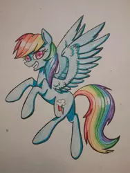 Size: 966x1288 | Tagged: safe, artist:ponime11, derpibooru import, rainbow dash, pegasus, pony, female, flying, looking at you, mare, simple background, solo, traditional art, white background