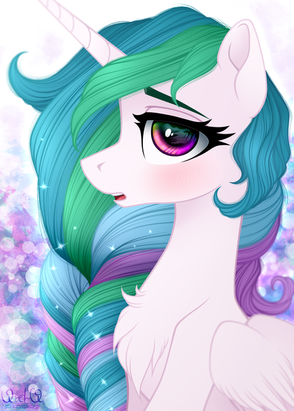 Size: 1650x2300 | Tagged: safe, artist:vird-gi, derpibooru import, princess celestia, alicorn, pony, blushing, chest fluff, female, looking at you, mare, missing accessory, open mouth, solo