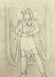 Size: 726x1024 | Tagged: artist:daisymane, boots, clothes, derpibooru import, equal cutie mark, hat, human, humanized, jacket, military uniform, monochrome, pencil drawing, safe, shoes, skirt, solo, stalin glimmer, starlight glimmer, traditional art, uniform
