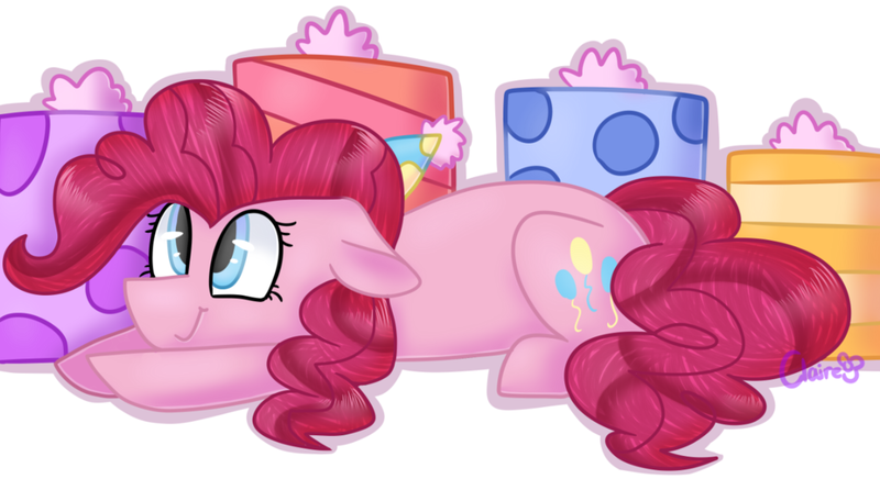 Size: 1024x558 | Tagged: safe, artist:clairedaartiste444, derpibooru import, pinkie pie, pony, present, prone, simple background, solo, white background