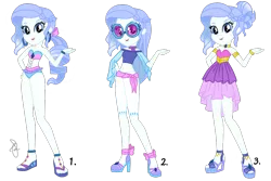 Size: 900x600 | Tagged: safe, artist:ilaria122, derpibooru import, part of a set, oc, oc:sapphire blue, equestria girls, belly button, bow, bracelet, choker, clothes, dress, ear piercing, earring, feet, high heels, jewelry, legs, midriff, next generation, offspring, pants, parent:fancypants, parent:rarity, parents:raripants, party dress, piercing, ponytail, resort outflit, sandals, shoes, short shirt, simple background, sunglasses, swimsuit, transparent background, wedge heel
