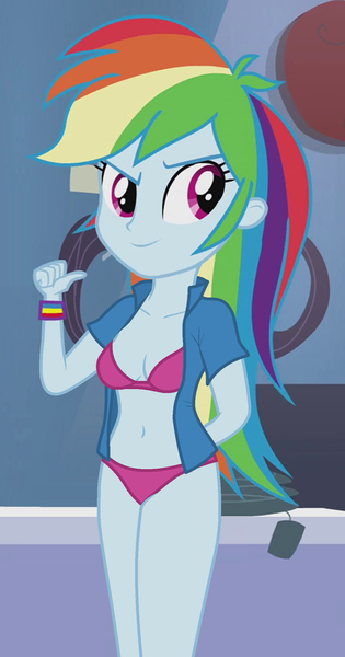 Size: 567x1080 | Tagged: suggestive, derpibooru import, edit, edited screencap, editor:ah96, screencap, rainbow dash, equestria girls, guitar centered, rainbow rocks, belly button, bra, breast edit, breasts, cleavage, clothes, cropped, female, jacket, panties, purple underwear, solo, solo female, underwear, underwear edit