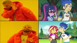 Size: 1021x575 | Tagged: safe, derpibooru import, flash sentry, sci-twi, sunset shimmer, twilight sparkle, equestria girls, legend of everfree, female, flashimmer, flashlight, hotline bling, male, meme, reaction image, sciflash, shipping, straight