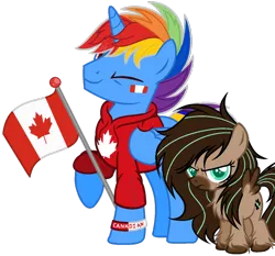 Size: 1024x953 | Tagged: safe, artist:mintoria, artist:xxrainbowblaziexx, derpibooru import, oc, oc:mint, oc:rainbowblazie, alicorn, pony, canada, clothes, female, filly, flag, hoodie, male, one eye closed, simple background, stallion, transparent background, wink