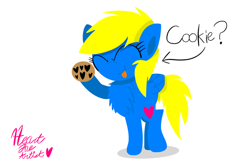 Size: 3072x2010 | Tagged: safe, artist:hearttheartist, derpibooru import, oc, oc:heart cake, unofficial characters only, pegasus, pony, cookie, food, hoof hold, simple background, speech, white background