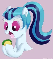 Size: 800x892 | Tagged: safe, artist:pasteldisaster, derpibooru import, sonata dusk, pony, cute, female, food, mare, solo, sonatabetes, sonataco, taco