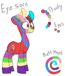 Size: 3000x3500 | Tagged: safe, artist:claudearts, derpibooru import, oc, oc:eyesore, unofficial characters only, earth pony, pony, cross-eyed, cutie mark, derp, ear fluff, eye candy, eyestrain warning, grin, heterochromia, long neck, mismatched eyes, multicolored, reference sheet, simple background, smiling, solo, stripes, transparent background, wat, wide eyes