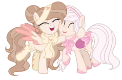 Size: 1024x671 | Tagged: safe, artist:mintoria, derpibooru import, oc, oc:celestial song, oc:pandora, unofficial characters only, pony, base used, clothes, colored wings, female, hug, mare, scarf, simple background, socks, transparent background, two toned wings