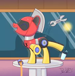 Size: 1801x1820 | Tagged: safe, artist:trackheadtherobopony, derpibooru import, oc, oc:trackhead, pony, robot, robot pony, cafe, glass, juice, signature, solo, spill, table, table dancing, water, wrench