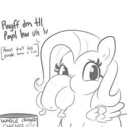Size: 1650x1650 | Tagged: safe, artist:tjpones, derpibooru import, fluttershy, bird, chicken, pegasus, pony, black and white, dialogue, ear fluff, female, food, grayscale, mare, monochrome, ponies eating meat, simple background, simpsons did it, solo, subtitles, the simpsons, white background, wings