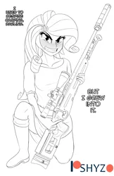 Size: 1052x1628 | Tagged: safe, artist:pshyzomancer, derpibooru import, rarity, equestria girls, black and white, blushing, grayscale, gun, gun safety, lineart, monochrome, solo, sv-98, text, trigger discipline, weapon