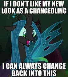 Size: 836x944 | Tagged: safe, derpibooru import, edit, edited screencap, screencap, queen chrysalis, changedling, changeling, changeling queen, pony, the mean 6, adorkable, cropped, cute, cutealis, dork, dorkalis, excited, female, fridge brilliance, happy, image macro, meme, meta, mind blown, open mouth, pun, realization, reformed, shapeshifting, silly, silly pony, solo, sudden realization