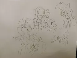 Size: 4160x3120 | Tagged: safe, artist:tjpones, derpibooru import, oc, unofficial characters only, bat pony, pony, robot, robot pony, apple, bat pony oc, bipedal, bipedal leaning, blue ribbon, bust, cheek fluff, chest fluff, cutie mark, ear fluff, food, grayscale, leaning, lineart, monochrome, sketch, sketch dump, traditional art, wings