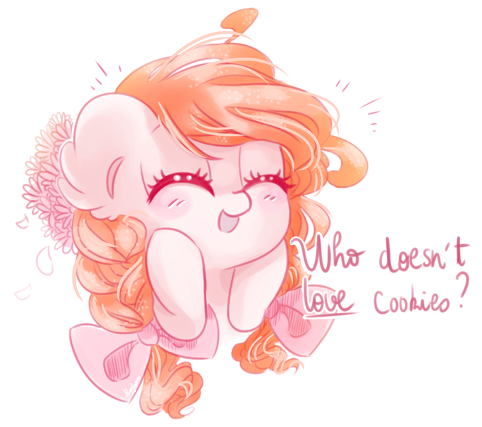 Size: 1112x984 | Tagged: safe, artist:pinkablue, derpibooru import, oc, oc:flowering, unofficial characters only, earth pony, pony, blushing, bow, braid, braided pigtails, bust, cute, description is relevant, dialogue, ear fluff, eyes closed, female, flower, flower in hair, hair bow, mare, ocbetes, pigtails, simple background, solo, white background