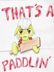 Size: 2393x3198 | Tagged: annoyed, artist:40kponyguy, derpibooru import, granny smith, hoof hold, implied spanking, looking at you, paddle, reaction image, safe, simple background, solo, the simpsons, traditional art, white background