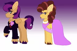 Size: 1307x871 | Tagged: safe, artist:annabear1211, derpibooru import, oc, oc:chocolate cheesecake, oc:thunderclap, unofficial characters only, earth pony, pegasus, pony, kindverse, crossdressing, offspring, parent:cheese sandwich, parent:pinkie pie, parent:rumble, parent:scootaloo, parents:cheesepie, parents:rumbloo