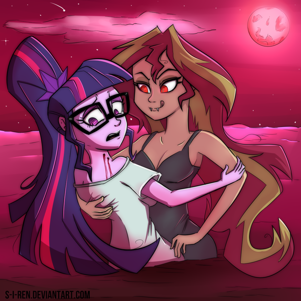 Size: 1000x1000 | Tagged: semi-grimdark, artist:s-i-ren, derpibooru import, sci-twi, sunset shimmer, twilight sparkle, vampire, equestria girls, blood, breasts, fanfic art, fangs, female, i can't believe it's not wubcake, lesbian, moon, red eyes, scitwishimmer, shipping, sunsetsparkle