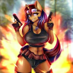 Size: 3000x3000 | Tagged: suggestive, artist:igazella, derpibooru import, oc, oc:sweet voltage, unofficial characters only, anthro, unicorn, ammo pouch, anthro oc, belly button, belt, big breasts, blurred background, breasts, bun huggers, clothes, dog tags, dual wield, ear piercing, earring, erect nipples, explosion, female, fire, fn five seven, forest, front view, gloves, goggles, grin, gun, gun holster, handgun, humanoid, jewelry, mare, nipple outline, outdoors, piercing, pistol, pocket, pose, shorts, smiling, socks, solo, solo female, standing, stockings, tanktop, thigh highs, tree, utility belt, weapon