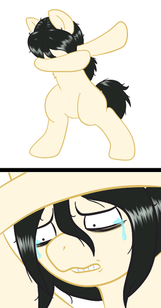Size: 400x768 | Tagged: safe, artist:scraggleman, derpibooru import, oc, oc:floor bored, unofficial characters only, earth pony, pony, semi-anthro, 2 panel comic, bipedal, chest fluff, comic, crying, dab, female, gritted teeth, looking down, mare, messy hair, messy mane, messy tail, sad, sad dab, simple background, solo, teary eyes, teeth, wavy mouth, white background, wide eyes