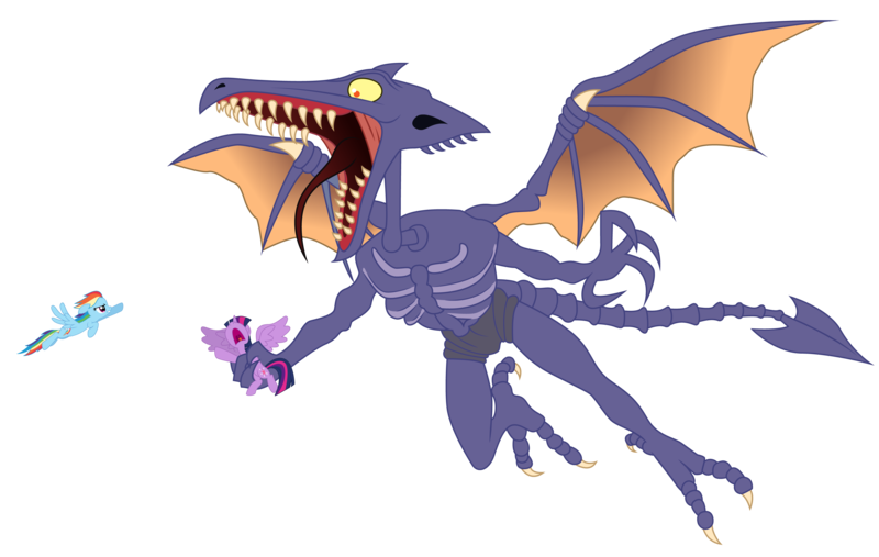 Size: 6114x3876 | Tagged: safe, artist:dragonchaser123, derpibooru import, rainbow dash, twilight sparkle, twilight sparkle (alicorn), alicorn, pegasus, pony, absurd resolution, crossover, damsel in distress, female, fight, flying, mare, metroid, open mouth, ridley, simple background, tongue out, transparent background, vector