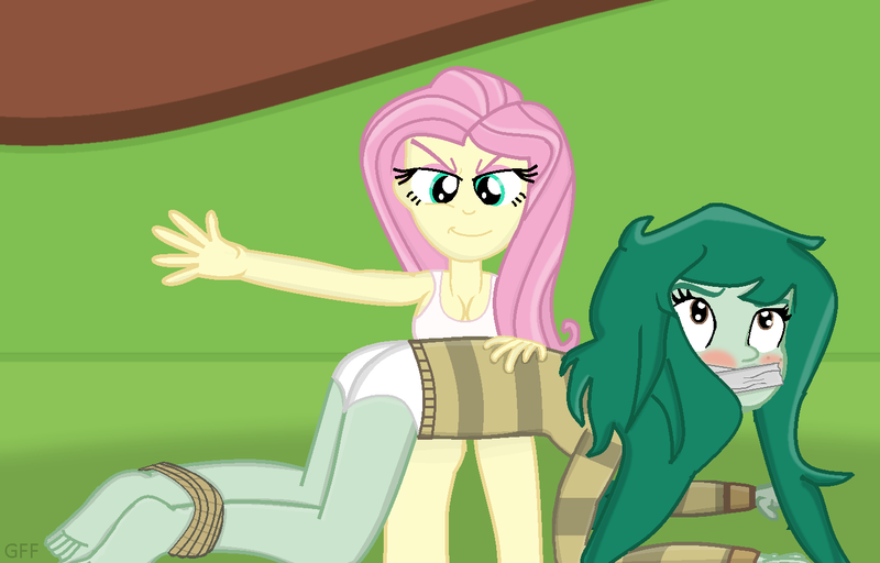 Size: 1406x899 | Tagged: suggestive, artist:grapefruitface1, derpibooru import, fluttershy, wallflower blush, equestria girls, equestria girls series, forgotten friendship, angry, blushing, bondage, breasts, cleavage, couch, female, females only, flutterblush, gag, rope, shipping, spanking, tape, tape gag