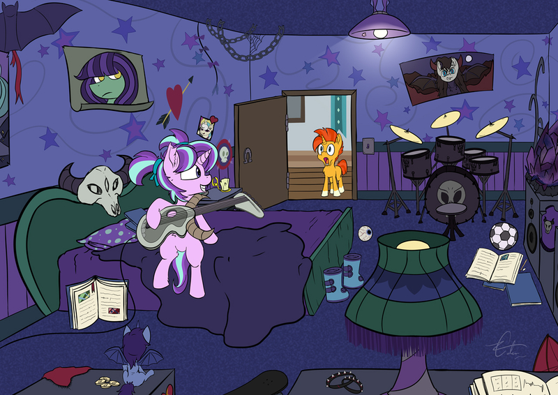 Size: 1280x905 | Tagged: safe, artist:calena, derpibooru import, starlight glimmer, sunburst, unicorn, the parent map, bedroom, bits, book, boots, bracelet, colt sunburst, drums, easter egg, edgelight glimmer, emo, eyeball, female, filly, filly starlight glimmer, football, goth, guitar, headcanon, horns, implied oc, jewelry, kite, lampshade, pigtails, shoes, skateboard, skull, sports, starlight's room, subwoofer, teenage glimmer, teenager, younger