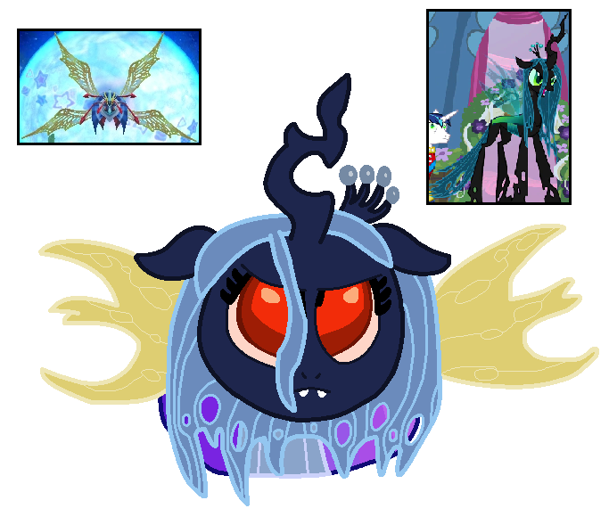 Size: 683x589 | Tagged: artist:harmony--bunny, crossover, derpibooru import, kirby: triple deluxe, queen chrysalis, queen sectonia, safe, simple background, soul of sectonia, transparent background