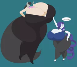 Size: 3578x3117 | Tagged: anthro, artist:two-ton-neko, ass, big breasts, blue background, boob squish, breasts, busty octavia, busty rarity, cleavage, derpibooru import, dialogue, duo, duo female, female, females only, fetish, hand on chest, hand on hip, hips, huge breasts, huge butt, hyper, hyper breasts, hyper butt, impossibly large breasts, impossibly wide hips, large butt, necktie, octavia melody, plantigrade anthro, rarity, simple background, size difference, suggestive, thunder thighs, treblebutt, wide hips