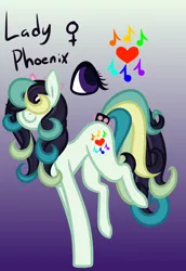 Size: 592x859 | Tagged: safe, artist:eppyminecart, derpibooru import, oc, oc:lady phoenix, unofficial characters only, earth pony, pony, icey-verse, bow, female, gradient background, hair over eyes, magical lesbian spawn, mare, next generation, offspring, parent:coloratura, parent:songbird serenade, parents:colorenade, solo