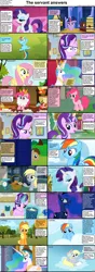 Size: 1282x3661 | Tagged: safe, derpibooru import, applejack, derpy hooves, doctor whooves, fluttershy, pinkie pie, princess celestia, princess luna, rainbow dash, rarity, starlight glimmer, time turner, twilight sparkle, twilight sparkle (alicorn), alicorn, earth pony, pegasus, pony, unicorn, comic:celestia's servant interview, basket, bedroom eyes, book, bored, cake, caption, cs captions, doctor who, empathy cocoa, featureless crotch, female, food, implied tempest shadow, interview, looking at you, male, mare, muffin, on back, ponyville, stallion, sweet apple acres, tardis