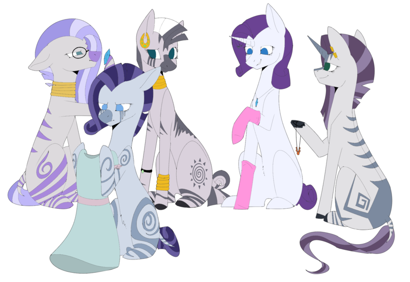 Size: 1732x1192 | Tagged: safe, artist:icey-wicey-1517, artist:sychia, color edit, derpibooru import, edit, rarity, zecora, oc, oc:cyathea jade, oc:jasmine teff, oc:opal callicarpa, hybrid, pony, unicorn, zebra, zony, icey-verse, bracelet, clothes, collaboration, colored, dress, dress up, ear piercing, earring, family, female, glasses, interspecies offspring, jewelry, magical lesbian spawn, mare, mother and daughter, necklace, offspring, parent:rarity, parent:zecora, parents:raricora, piercing, raricora, simple background, socks, transparent background, zebra oc