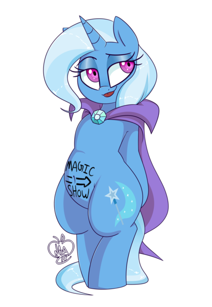 Size: 1800x2600 | Tagged: safe, artist:notenoughapples, derpibooru import, trixie, pony, unicorn, belly, belly button, bipedal, body writing, cape, chubby, clothes, female, mare, simple background, solo, tongue out, transparent background, trixie's cape, vector