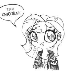 Size: 1010x967 | Tagged: safe, artist:tjpones, derpibooru import, edit, editor:dsp2003, sunset shimmer, human, equestria girls, black and white, bust, cute, dialogue, female, grayscale, monochrome, simple background, sketch, solo, speech bubble, text edit, traditional art, truth, white background