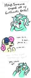 Size: 455x1124 | Tagged: safe, artist:jargon scott, derpibooru import, bon bon, lyra heartstrings, sweetie drops, earth pony, pony, unicorn, blue eyes, bon bon is not amused, bust, comic, dialogue, female, hoof hold, horn, l.u.l.s., lesbian, lyrabon, multicolored hair, phone, shipping, simple background, telephone, u lil shid, unamused, vulgar, white background