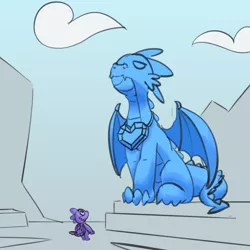 Size: 1280x1280 | Tagged: 30 minute art challenge, artist:pabbley, cloud, derpibooru import, dragon, looking up, male, partial color, safe, sapphire, sky, spike, statue, winged spike