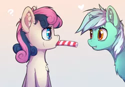Size: 4000x2786 | Tagged: safe, artist:senaelik, derpibooru import, bon bon, lyra heartstrings, sweetie drops, ponified, earth pony, pony, unicorn, adorabon, candy, candy cane, confused, couple, cute, ear fluff, eating, female, food, heart, heart eyes, lesbian, lollipop, looking at each other, lyrabetes, lyrabon, mare, puzzled, shipping, smiling, wingding eyes